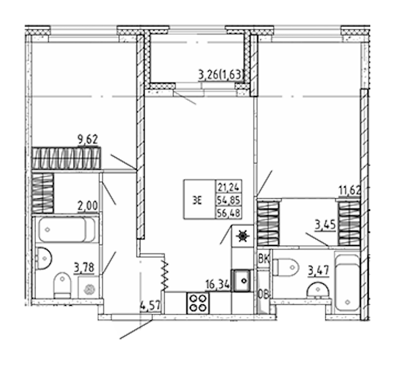 2-комнатная квартира 56.48 м², 2/12 эт., ЖК «UP! Квартал Воронцовский»